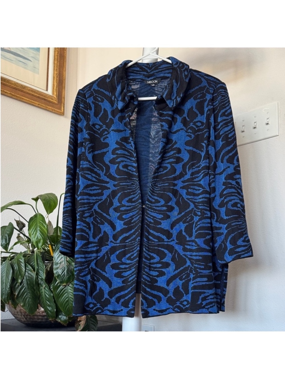 Misook Knit Sweater Cardigan Jacket Sz L Black Blue Collared
